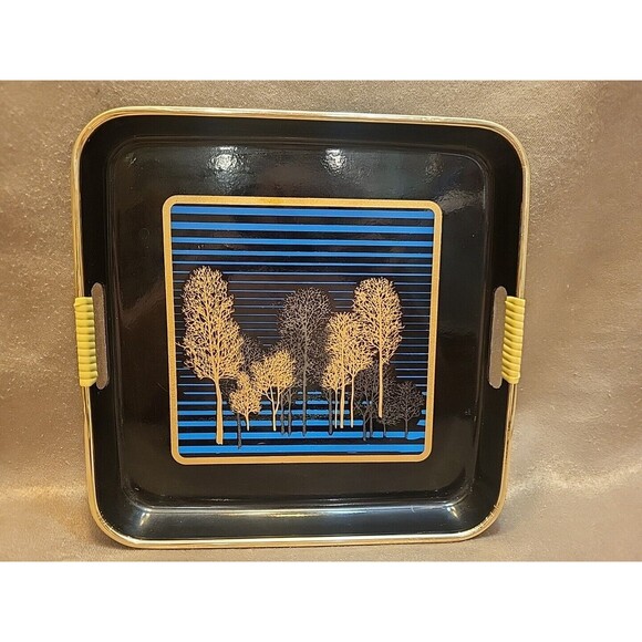 VTG 80s Srednick Serving Trays 2 - Gold Trees Black Blue Sky Japanese Stack - Picture 2 of 13